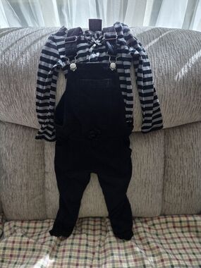 Roxy Black Overalls with Black & Gray Striped Top - Kids Jumpsuit Set
